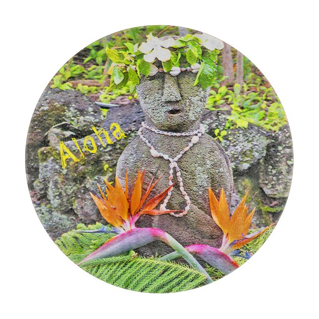 HAWAIIAN-THEMED/STONE STATUETTE WITH FLOWERS/ALOHA SCHNEIDEBRETT (Vorderseite)