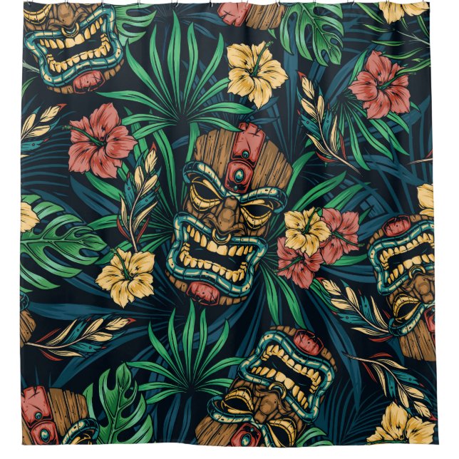 Hawaiian Tiki Mask tropisches Muster Duschvorhang (Vorderseite)