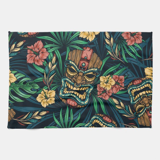 Hawaiian Tiki Mask tropisches Muster Geschirrtuch (Horizontal)
