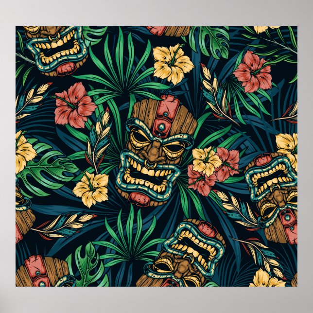 Hawaiian Tiki Mask tropisches Muster Poster (Vorne)