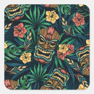 Hawaiian Tiki Mask tropisches Muster Quadratischer Aufkleber