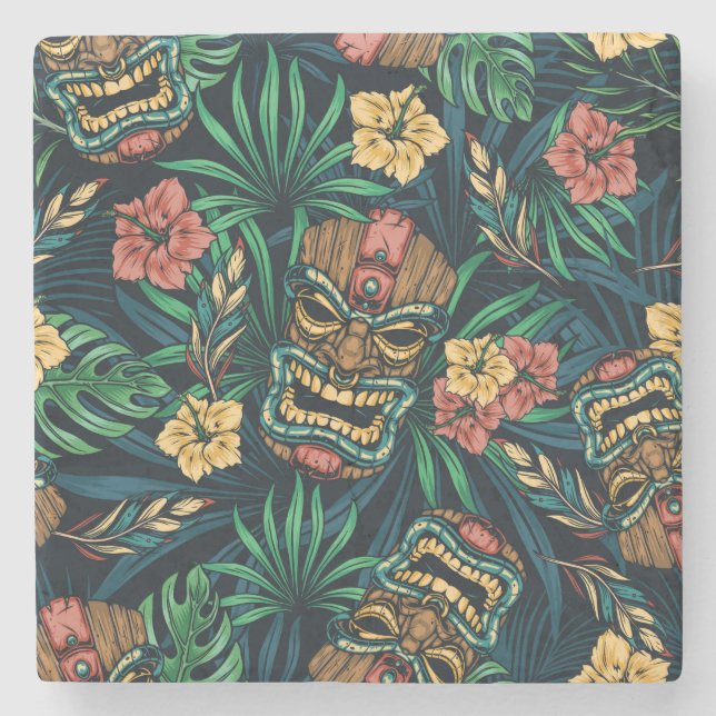 Hawaiian Tiki Mask tropisches Muster Steinuntersetzer (Vorderseite)