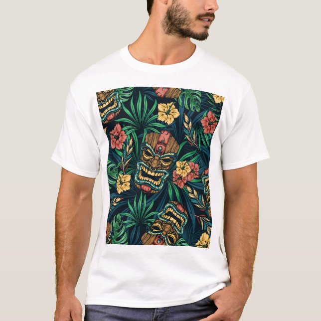 Hawaiian Tiki Mask tropisches Muster T-Shirt (Vorderseite)
