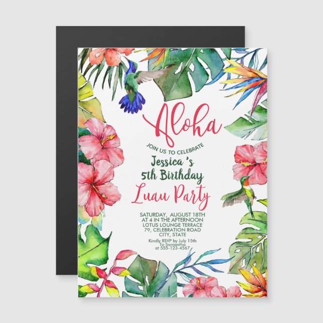 Hawaiian Tropical Floral Birthday Luau Magneteinladung (Vorne/Hinten)