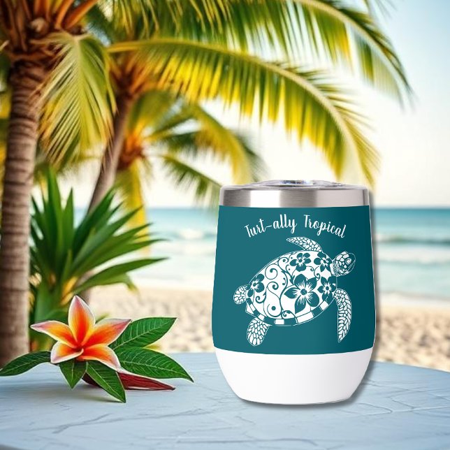 Hawaiian Turtle-Fisherman Ästhetisch-Aquamarin (Hawaiian Turtle-Tropical Flowers, Elegant Tribals, summer, beach, fisherman aesthetic, wine tumbler)