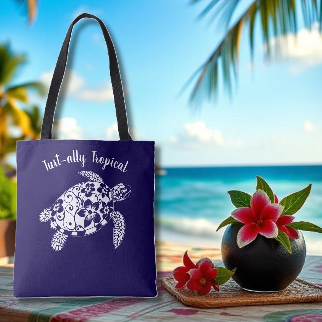 Hawaiian Turtle Fisherman Ästhetisch-Dunkelblau (Hawaiian Turtle-Tropical Flowers, Elegant hawaiian Tribals, summer, beach, fisherman aesthetic Tote)