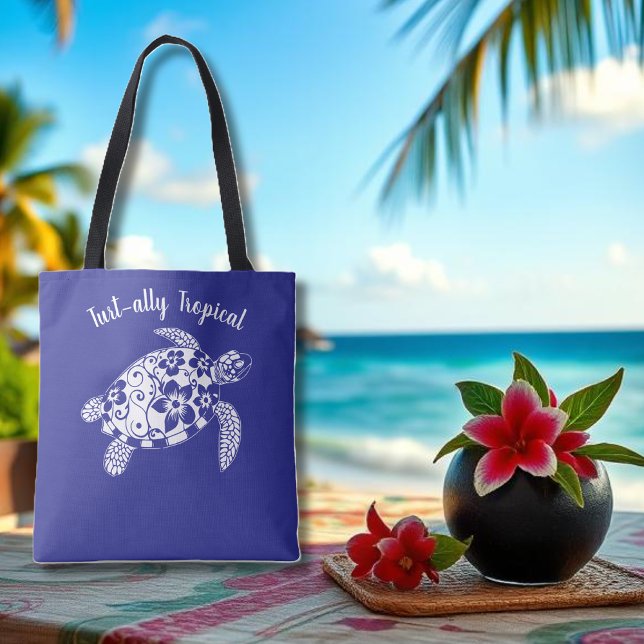 Hawaiian Turtle Fisherman Ästhetische Deep Blue (Hawaiian Turtle-Tropical Flowers, Elegant hawaiian Tribals, summer, beach, fisherman aesthetic Tote)