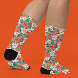 Hawaiian Vibe Orange White Tropical Blume Socken