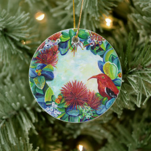 Hawaiian Wreath Iiwi Bird Lehua Mele Kalikimaka Keramik Ornament