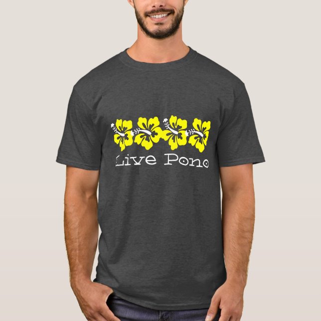 Hawaiian Yellow Hibiskus LIVE PONO Surfer Retro T-Shirt (Vorderseite)
