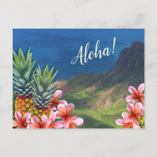 Hawaiianische Aloha-Blume Ananas und Berge Postkarte