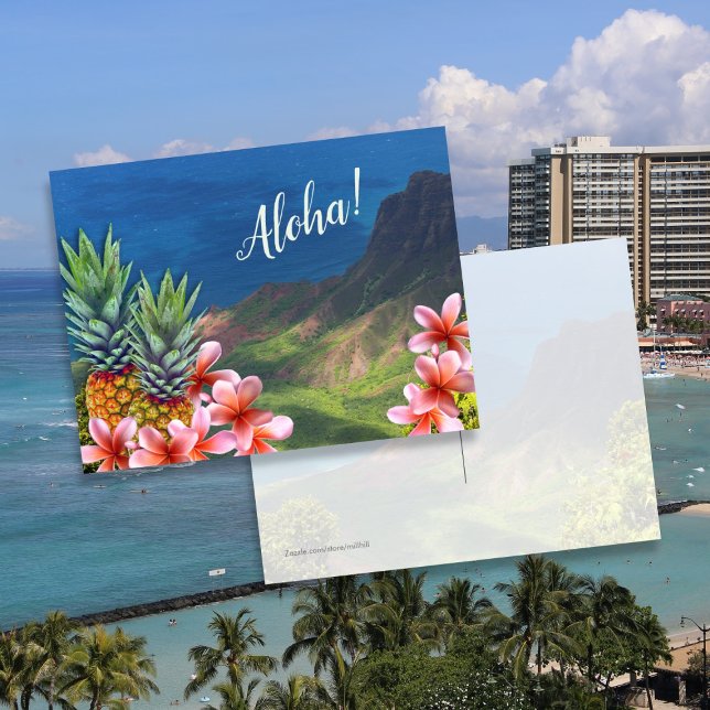 Hawaiianische Aloha-Blume Ananas und Berge Postkarte (Von Creator hochgeladen)