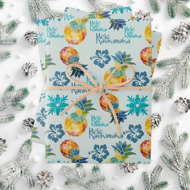 Hawaiianische Ananas und Hibiskus Mele Kalikimaka  Geschenkpapier Set (Von Creator hochgeladen)