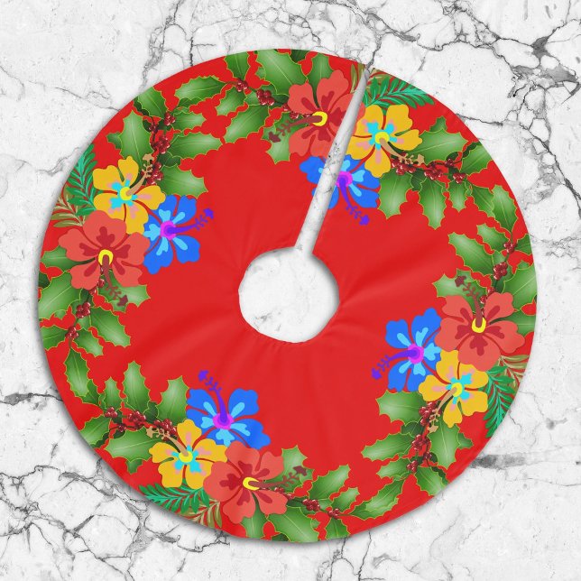 Hawaiianische Blume Hibiskus Red Polyester Weihnachtsbaumdecke (Von Creator hochgeladen)
