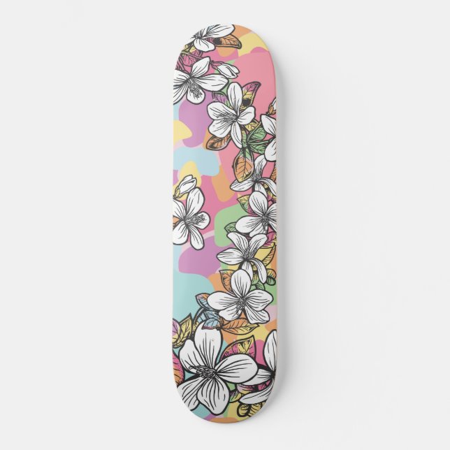 Hawaiianische Blume Hibiskus Weiße Pastellfarben Skateboard (Vorderseite)
