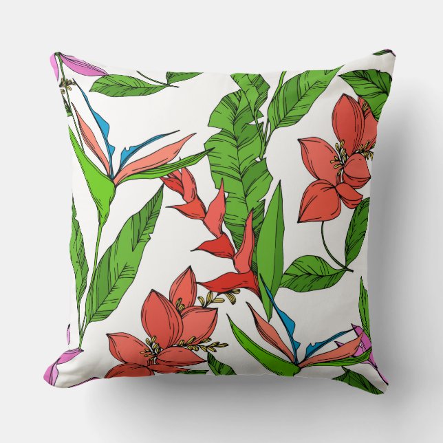 Hawaiianische Dschungelgrün und rote Sommerblüte Kissen (Vorderseite)