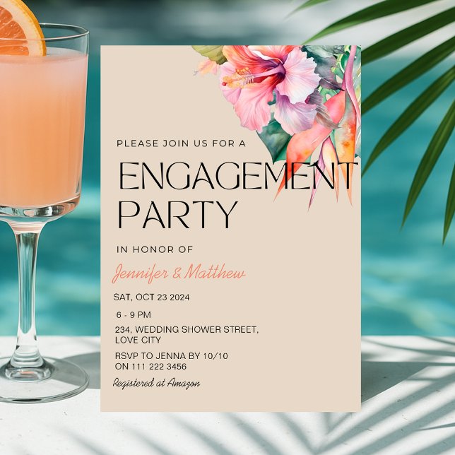 Hawaiianische Engagement-Partei für tropischen Hib Einladung (Tropical Floral Hibiscus Hawaiian Engagement Party Invitation)