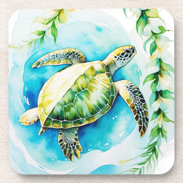 Hawaiianische Honu mit Plumeria & Maile Watercolor Getränkeuntersetzer (Vorderseite)