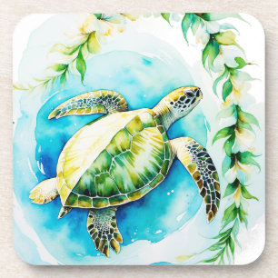 Hawaiianische Honu mit Plumeria & Maile Watercolor Getränkeuntersetzer
