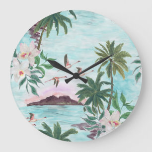 Hawaiianische Landschaft Flamingo Wasserfarben Mus Große Wanduhr