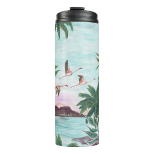 Hawaiianische Landschaft Flamingo Wasserfarben Mus Thermosbecher