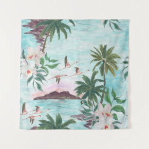 Hawaiianische Landschaft Flamingo Wasserfarben Mus Wandteppich