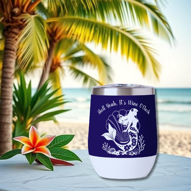 Hawaiianische Meerjungfrau-Muschel Ja ihre Wine Ou (Hawaiian Mermaid Tropical Flowers Sea Shells Coral, Summer Beach, Fisherman Trend Wine Tumbler Blue)