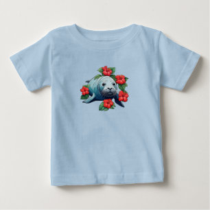 Hawaiianische Mönchsrobbe und rote Hibiskusblüten Baby T-shirt