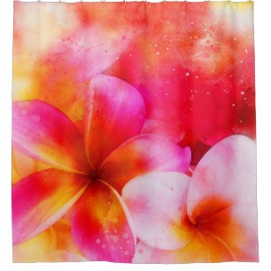 Hawaiianische Plumeria in Neon Pink, Gelb und Wei Duschvorhang