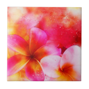 Hawaiianische Plumeria in Neon Pink, Gelb und Weiß Fliese