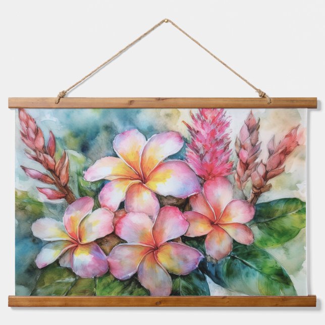 Hawaiianische Plumeria und rosa Ingwer Wandteppich Mit Holzrahmen (Vorne)
