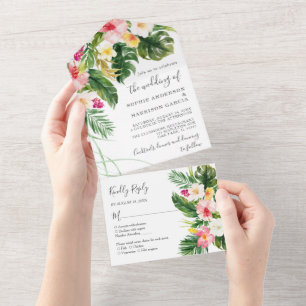 Hawaiianische Rote Hibiskus-Tropenblumen-Hochzeit All In One Einladung