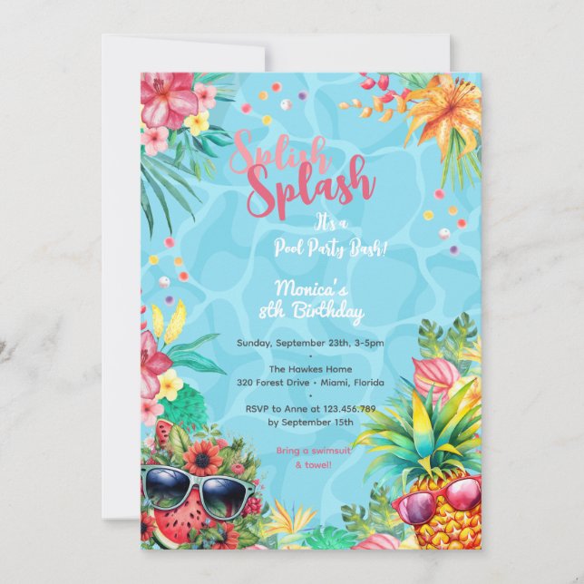 Hawaiianische Splash Sommerpool Geburtstagsbash Einladung (Vorderseite)