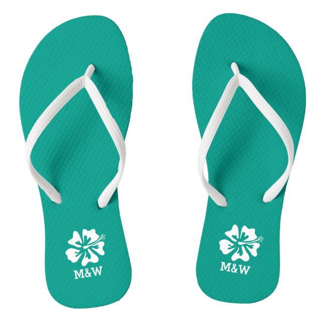 Hawaiianische Strand-Blume monogramm Hochzeitsflip Flip Flops (Fußbett)
