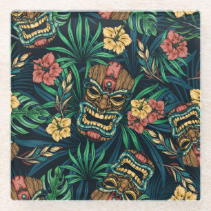 Hawaiianische Tiki-Maske Tropisches Muster Glasuntersetzer