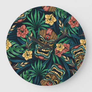 Hawaiianische Tiki-Maske Tropisches Muster Große Wanduhr