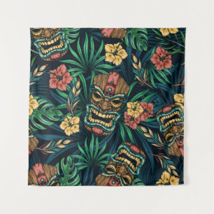 Hawaiianische Tiki-Maske Tropisches Muster Wandteppich