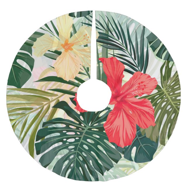 Hawaiianische tropische Pflanze, farbenfrohe Blume Polyester Weihnachtsbaumdecke (Vorderseite)