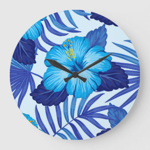 Hawaiianische tropische Pflanzen, Hibiskus-Muster. Große Wanduhr