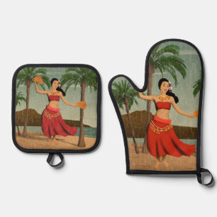 Hawaiianische Vintage-Hula-Girl-Distressed-Postkar Ofenhandschuh & Topflappen-Set