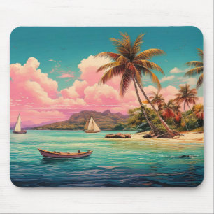 Hawaiianische Vintage-Insel, Palme, Boot, rosa Mousepad