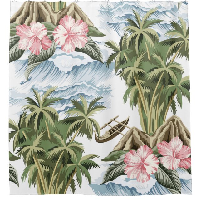 Hawaiianische Vintage Insel, Palme, Schiff, rosa  Duschvorhang (Vorderseite)