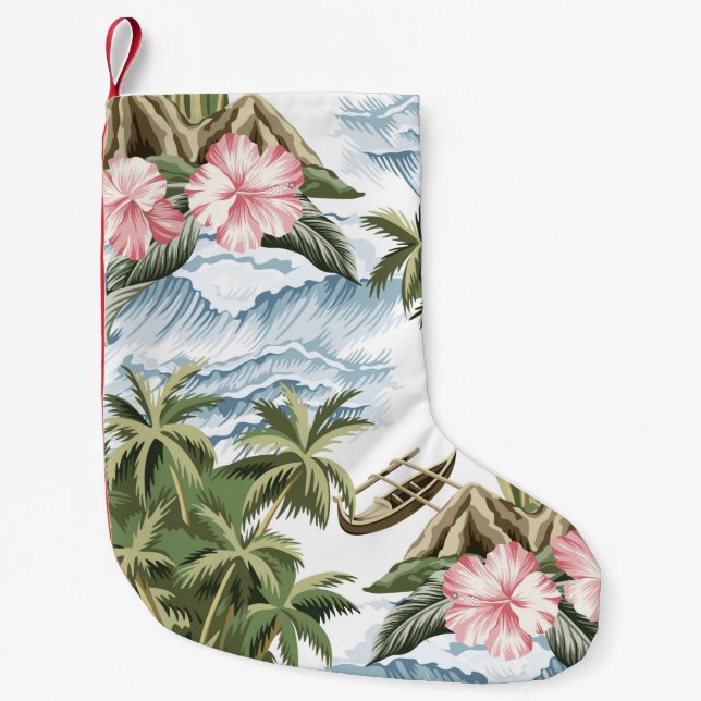 Hawaiianische Vintage Insel, Palme, Schiff, rosa  Kleiner Weihnachtsstrumpf (Vorderseite)