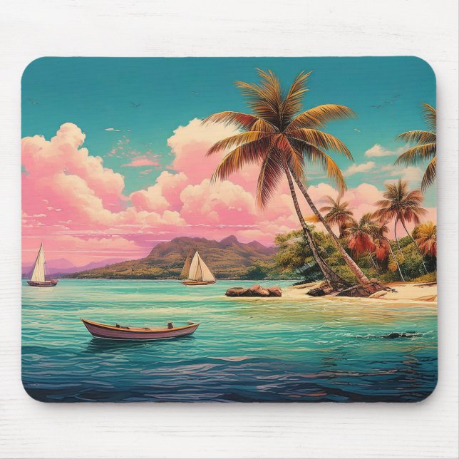 Hawaiianische Vintage Insel, Palme, Schiff, rosa Mousepad (Vorne)