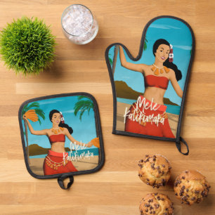 Hawaiianische Vintage-Mele-Kalikimaka-Postkarte Ofenhandschuh & Topflappen-Set