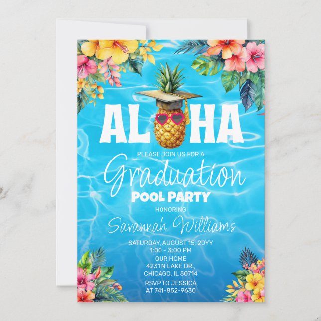 Hawaiianischer Abschluss Pool Party Geburtstag Einladung (Vorderseite)
