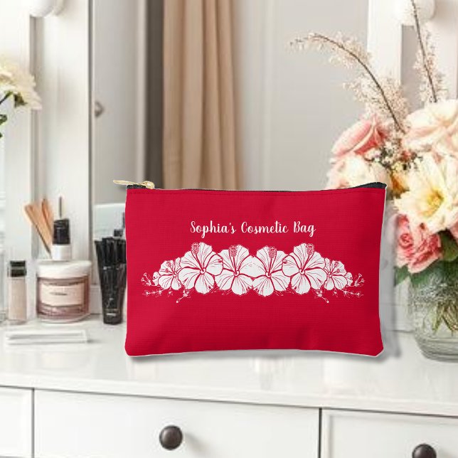 Hawaiianischer Hibiskus Tropische Blume Cherry Red Zubehörtasche (Hawaiian Tropical Flowers, Islander, Beach Summer  Cosmetic bag, Cherry Red)