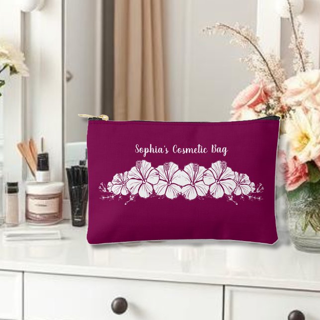 Hawaiianischer Hibiskus Tropische Blume Farbe Zubehörtasche (Hawaiian Tropical Flowers, Islander, Beach Summer Wine Color Cosmetic bag)