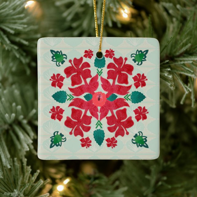 Hawaiianischer Hibiskus Weihnachts-Quilt-Muster Or Keramikornament (Baum)