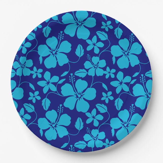 HAWAIIANISCHER HULA (HIBISKUS) DUNKEL-/HELLBLAU PAPPTELLER (Vorderseite)